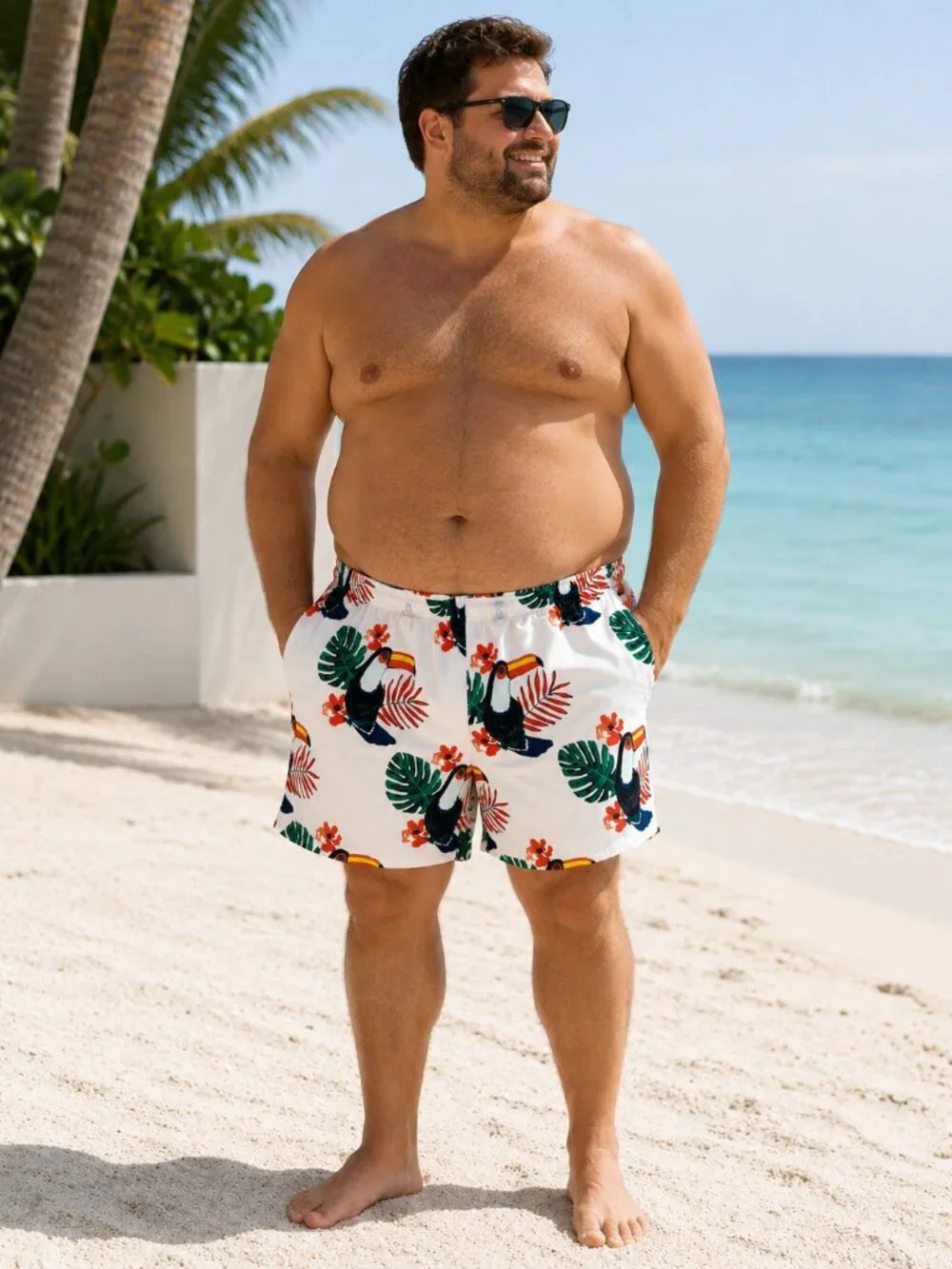 Uzzi XL Toucan Tropical Swim Trunks White Beach Vacation Swim Shorts